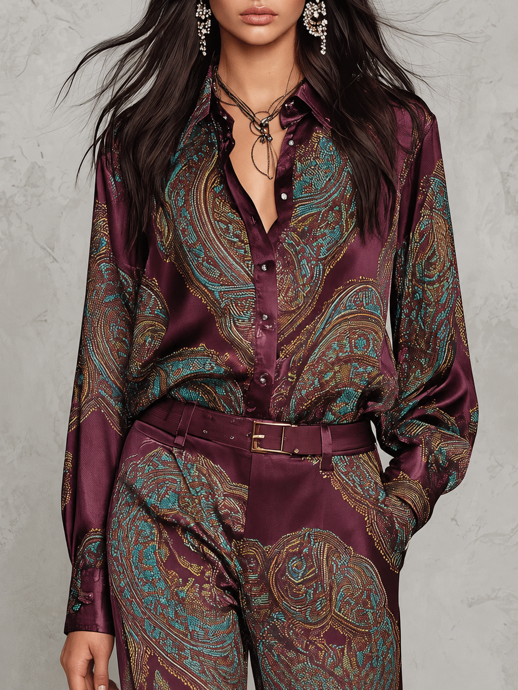 Vintage Paisley Satin Belted Ensemble