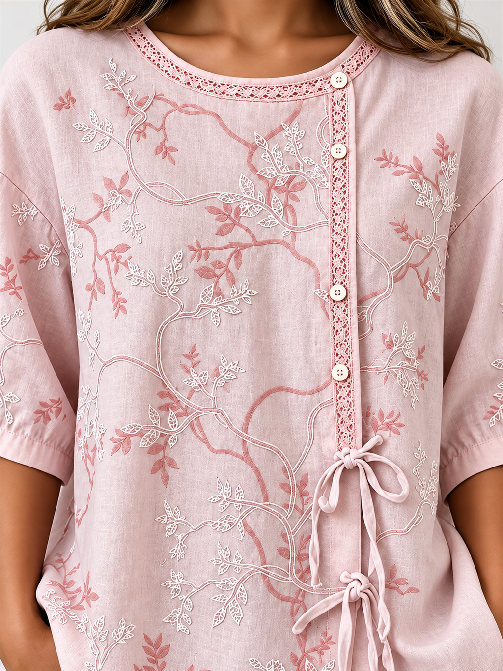 Floral Embroidery Lace-Trim Half Sleeve Blouse