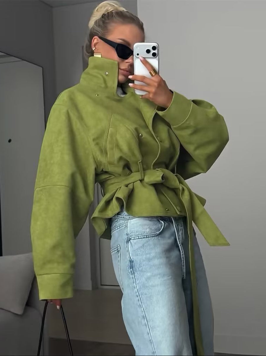 Oversized Cropped Jacket with Adjustable Waist Belt