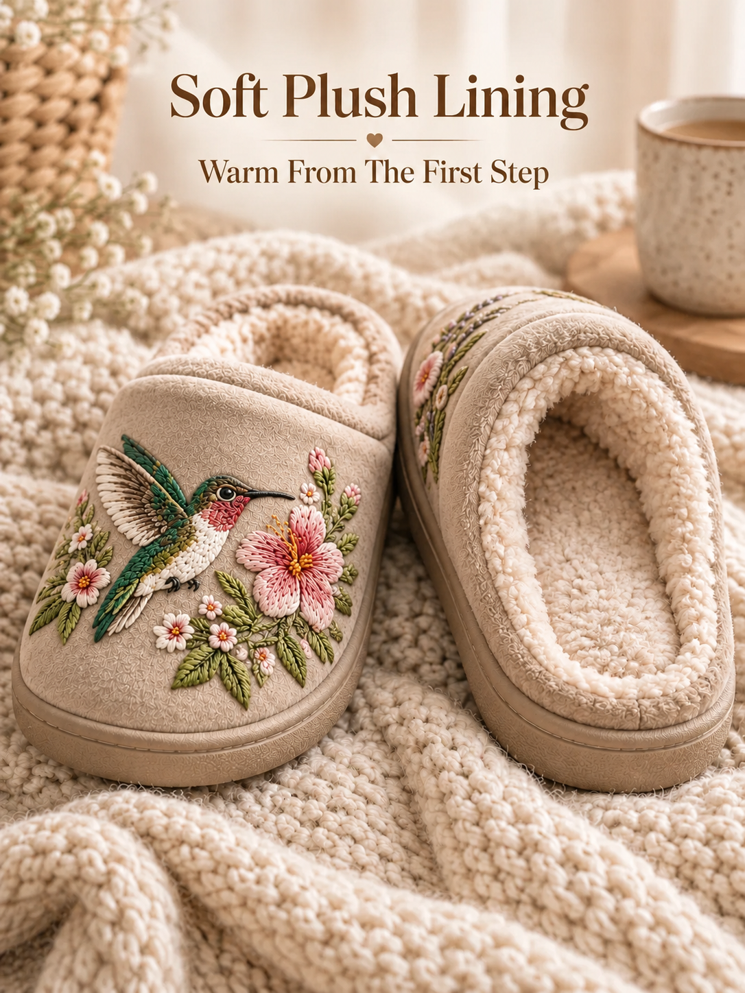 Embroidered Hummingbird Slippers