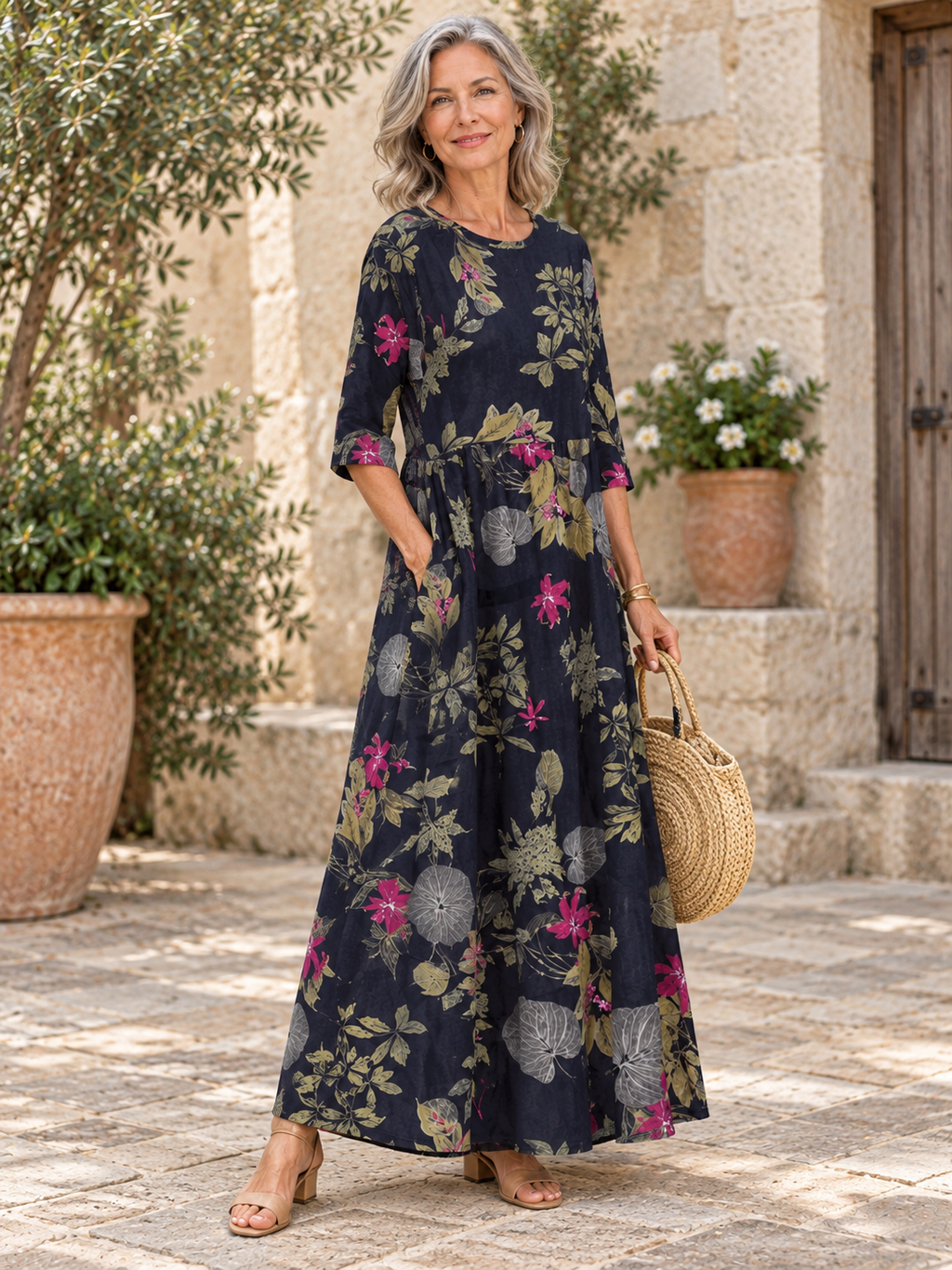Comfortable Floral Print Half Sleeve Maxi Dress