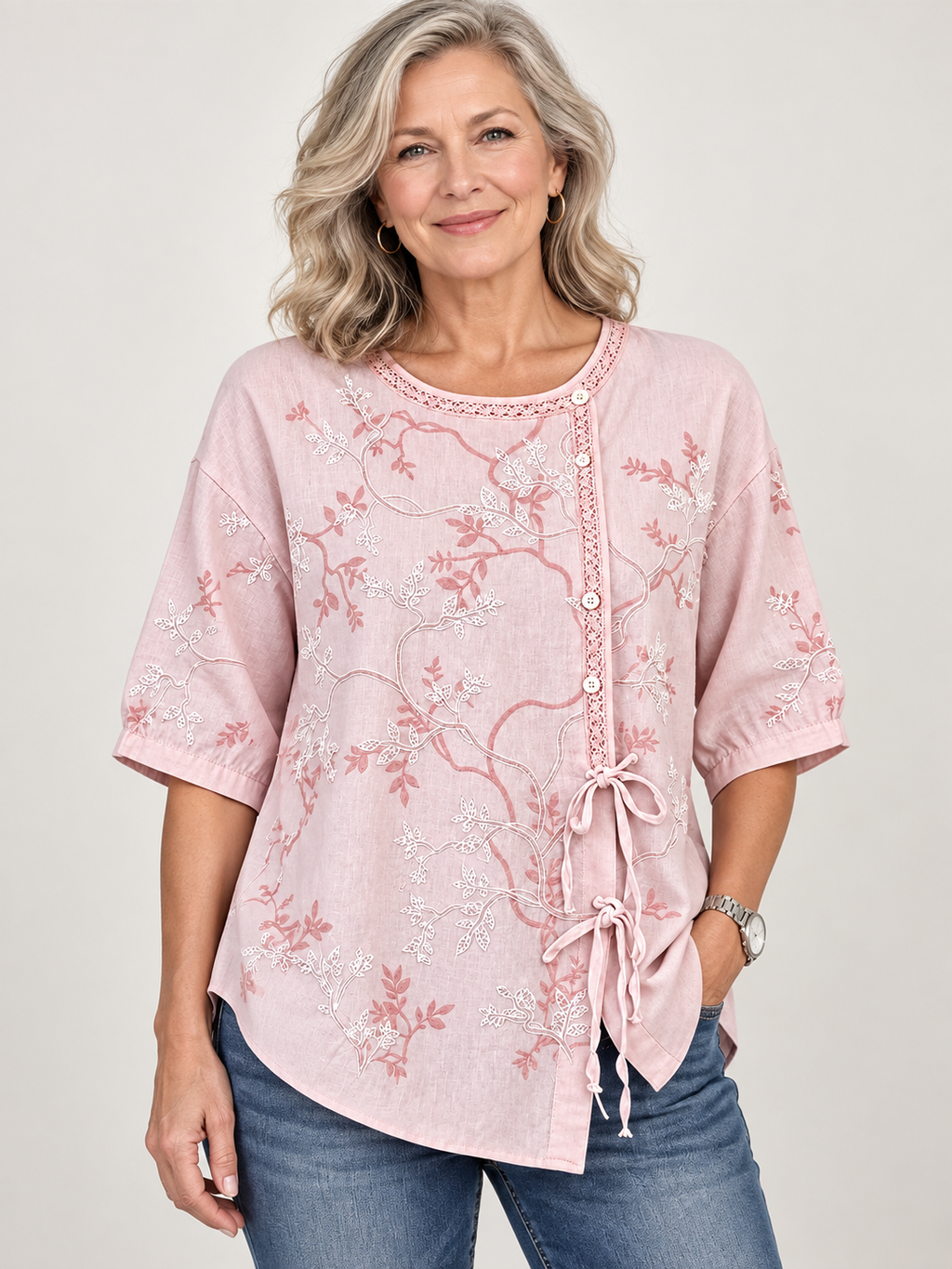 Floral Embroidery Lace-Trim Half Sleeve Blouse