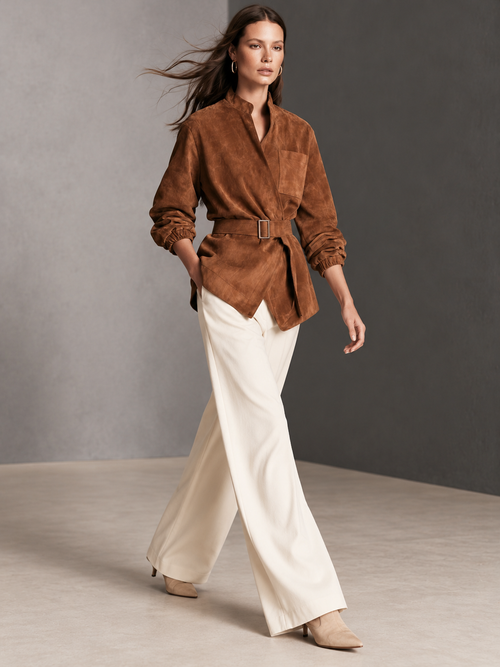 Casual Brown Suede Long-sleeve Jacket