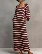 Minimalist Striped Square-Neck Long-Sleeve Maxi Sweater Dress