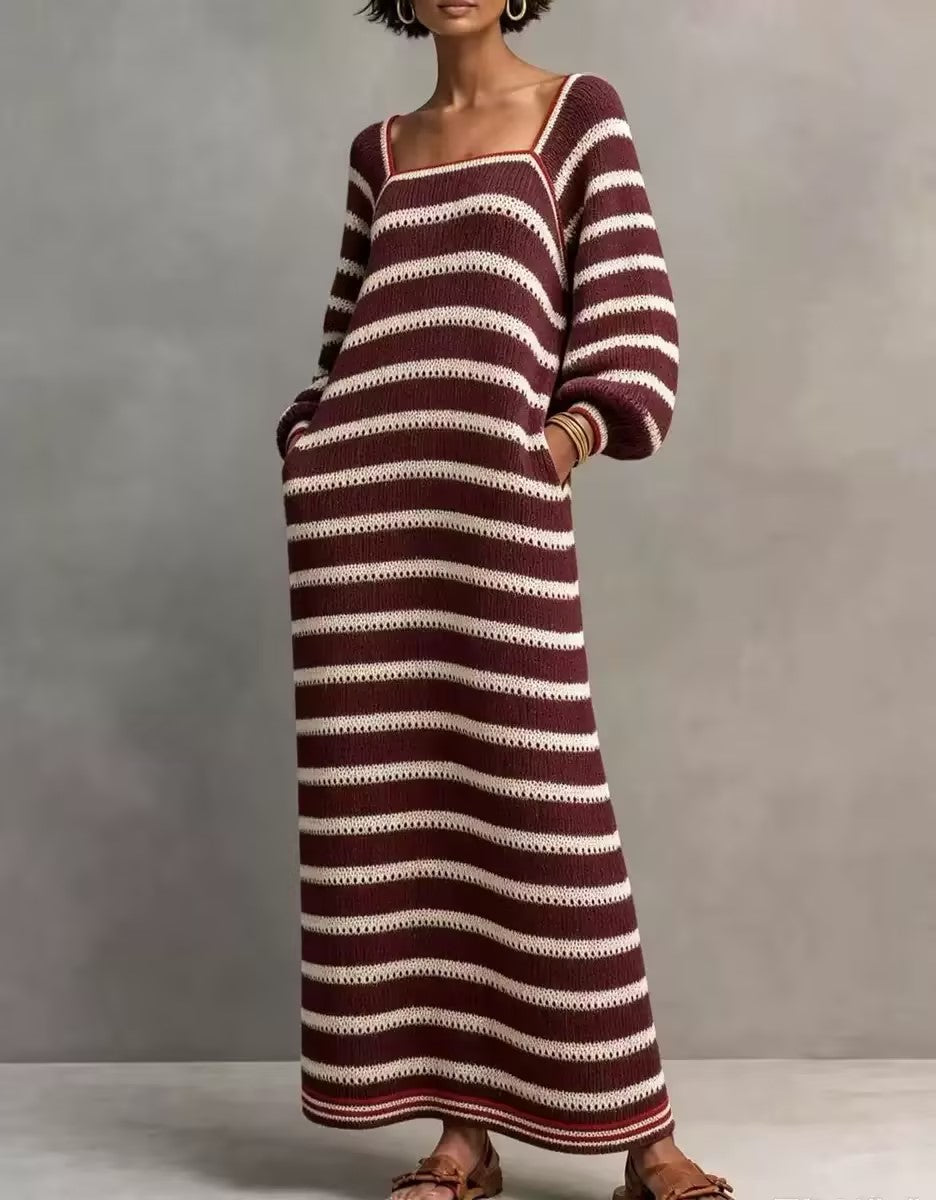 Minimalist Striped Square-Neck Long-Sleeve Maxi Sweater Dress