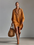 Suede Loose Lapel V-neck Embroidered Long-sleeved Midi Dress