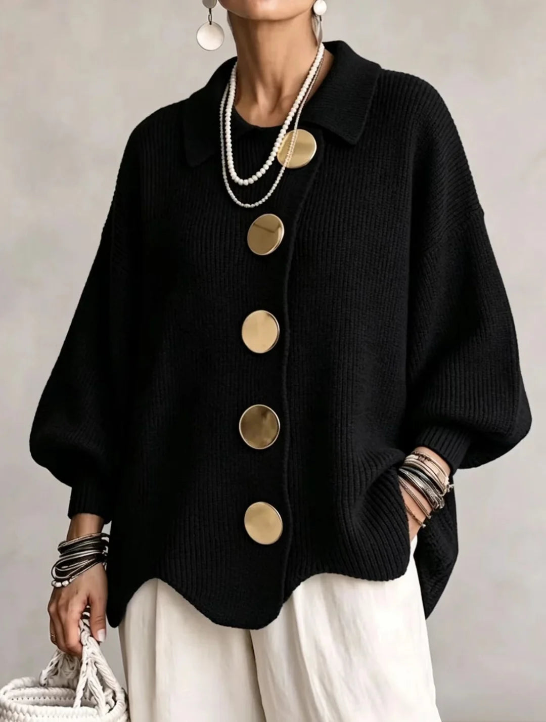 Oversized Collared Cardigan With Large Metal Buttons