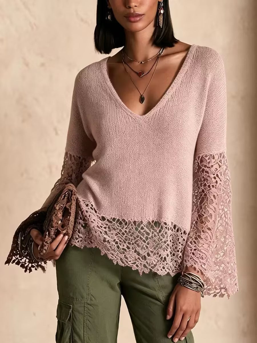 Lace Panel Bohemian Bell Sleeve Sweater