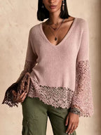 Lace Panel Bohemian Bell Sleeve Sweater