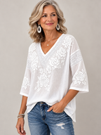 Floral Embroidered Lace Trim V Neck 3/4 Sleeve Blouse
