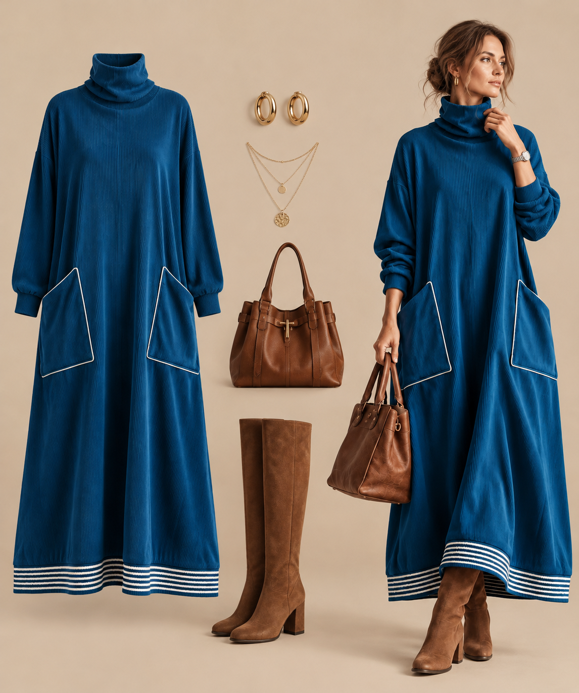 Stand Collar Loose Long-sleeve Maxi Dress