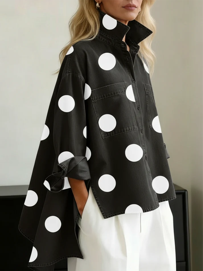 Elegant Artistic Polka Dot Print Stand-collar Denim Top