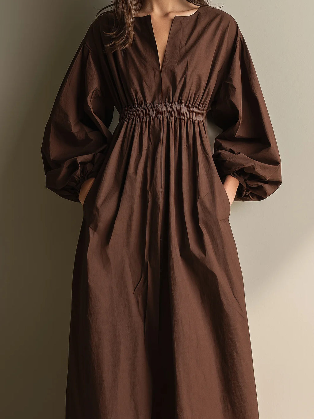 Caual V-neck Long-sleeved Maxi Dress With Elastic Waist