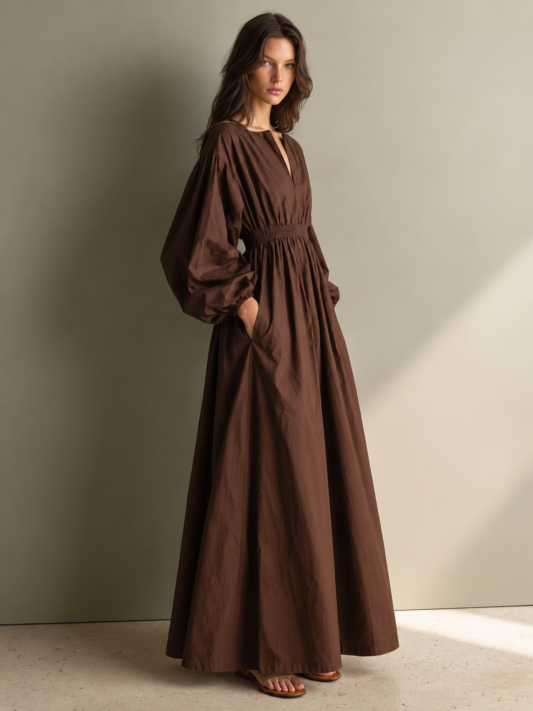 Caual V-neck Long-sleeved Maxi Dress With Elastic Waist