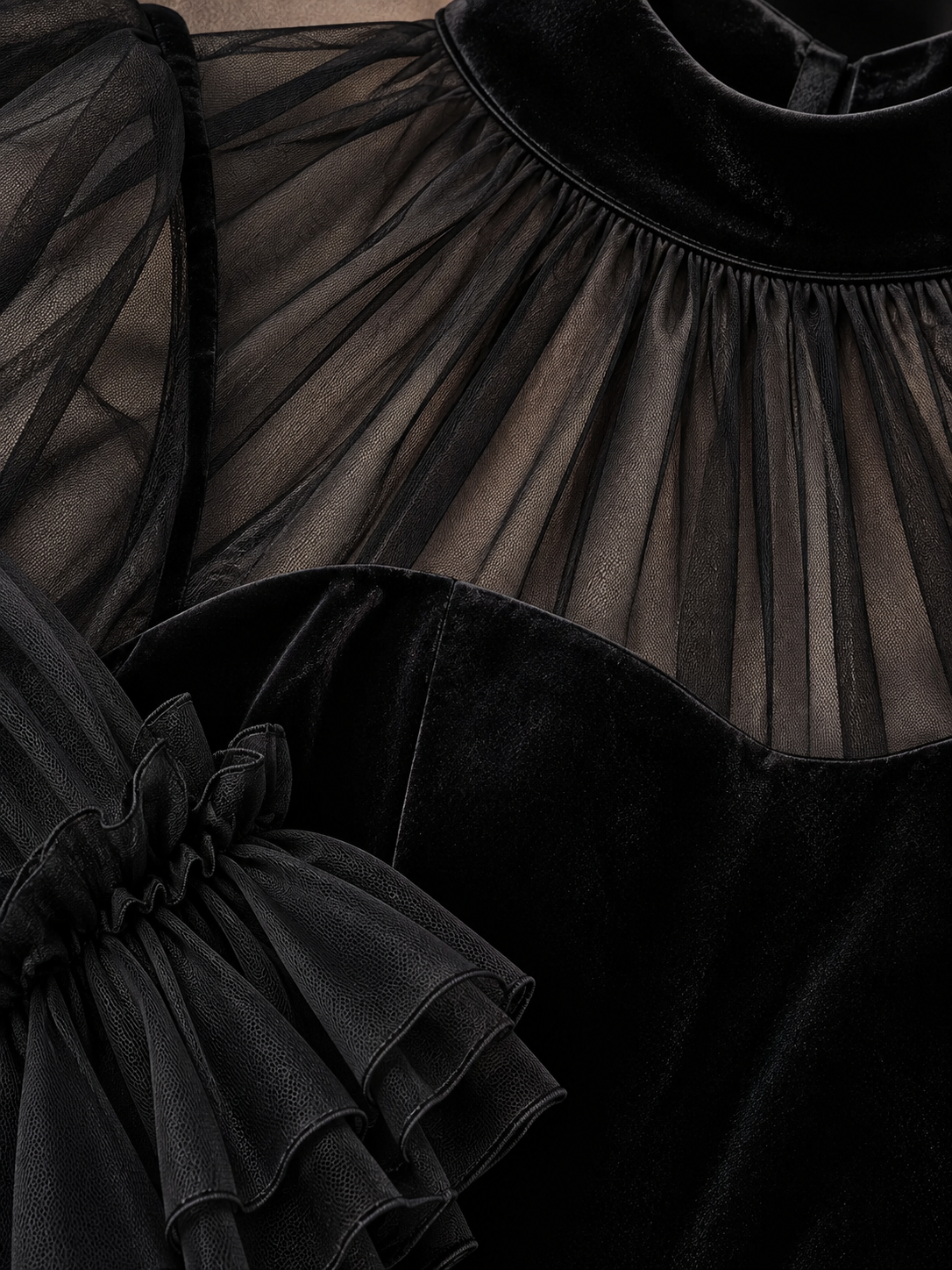 Pleated Black Velvet Midi Dress