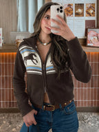 Horse Zip Up Mock Neck Cardigan