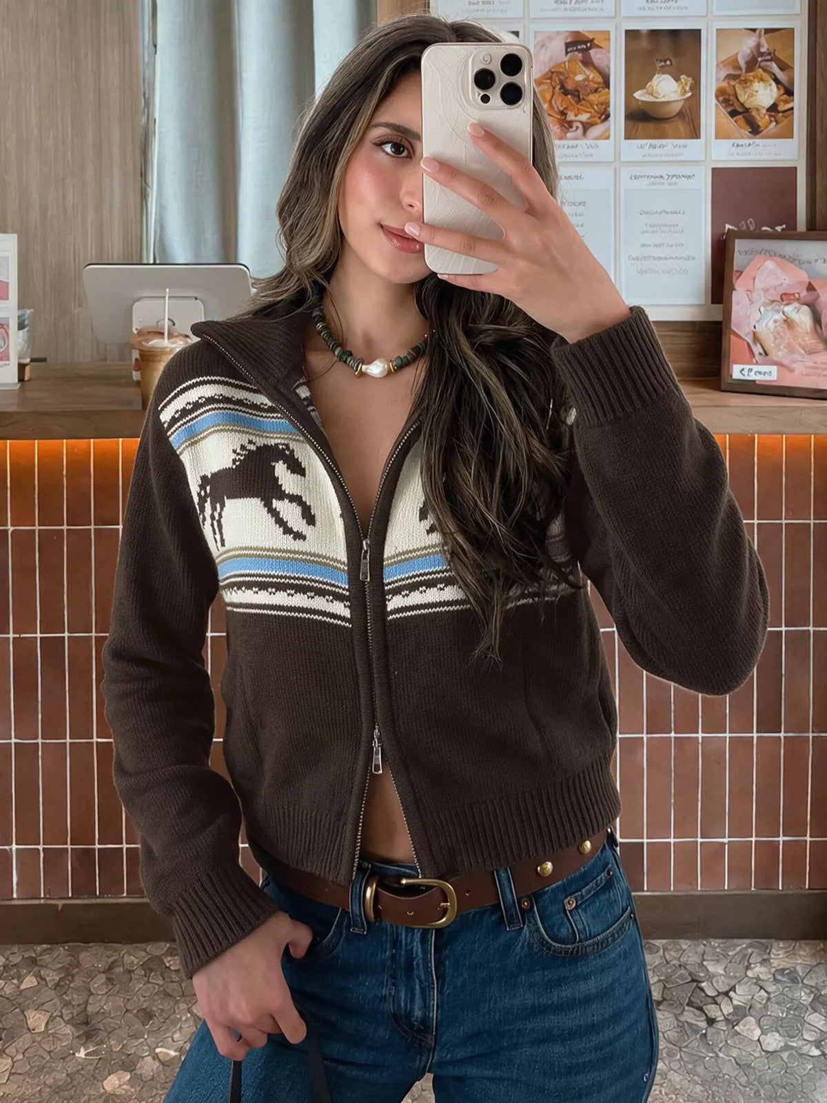 Horse Zip Up Mock Neck Cardigan