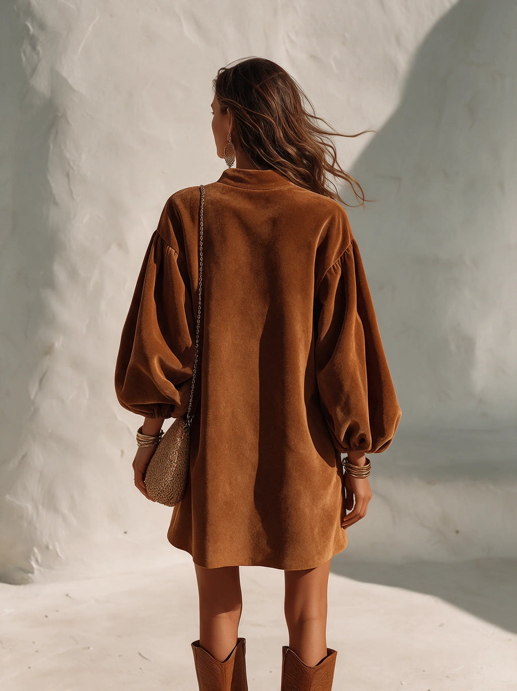 Vintage Velvet Lantern-Sleeve Button-Collar Mini Dress