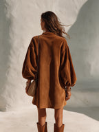 Vintage Velvet Lantern-Sleeve Button-Collar Mini Dress