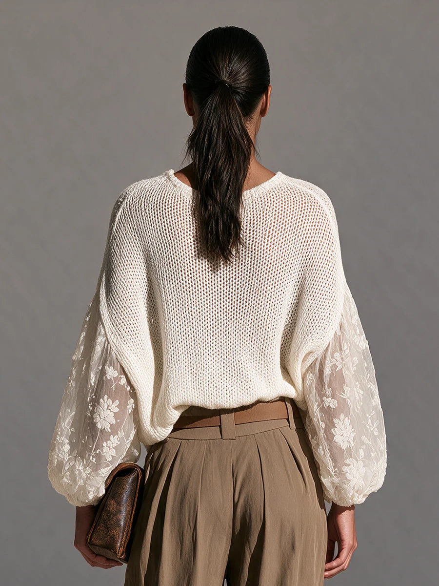 Lace Panel Balloon Sleeve Knit Top