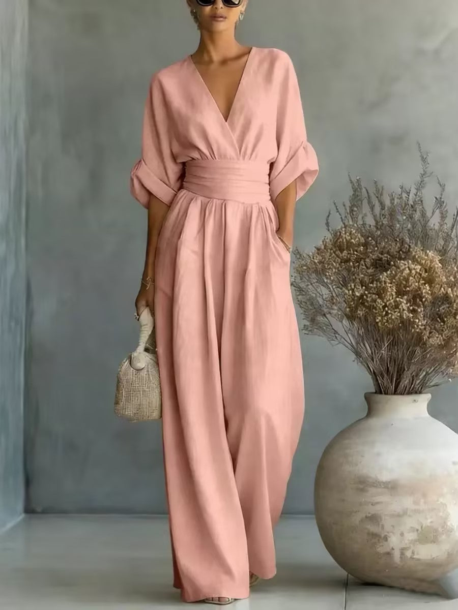 Boho Kombinezon z Szerokimi Nogawkami Wysokim Stanem i Dekolt w Szew