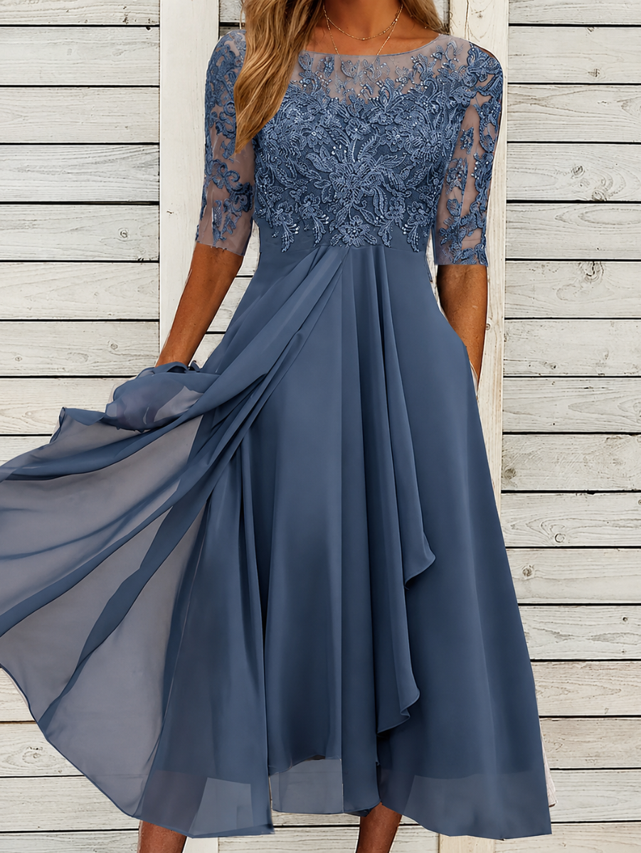Elegant Lace Half-Sleeve Wedding Guest Midi Dress