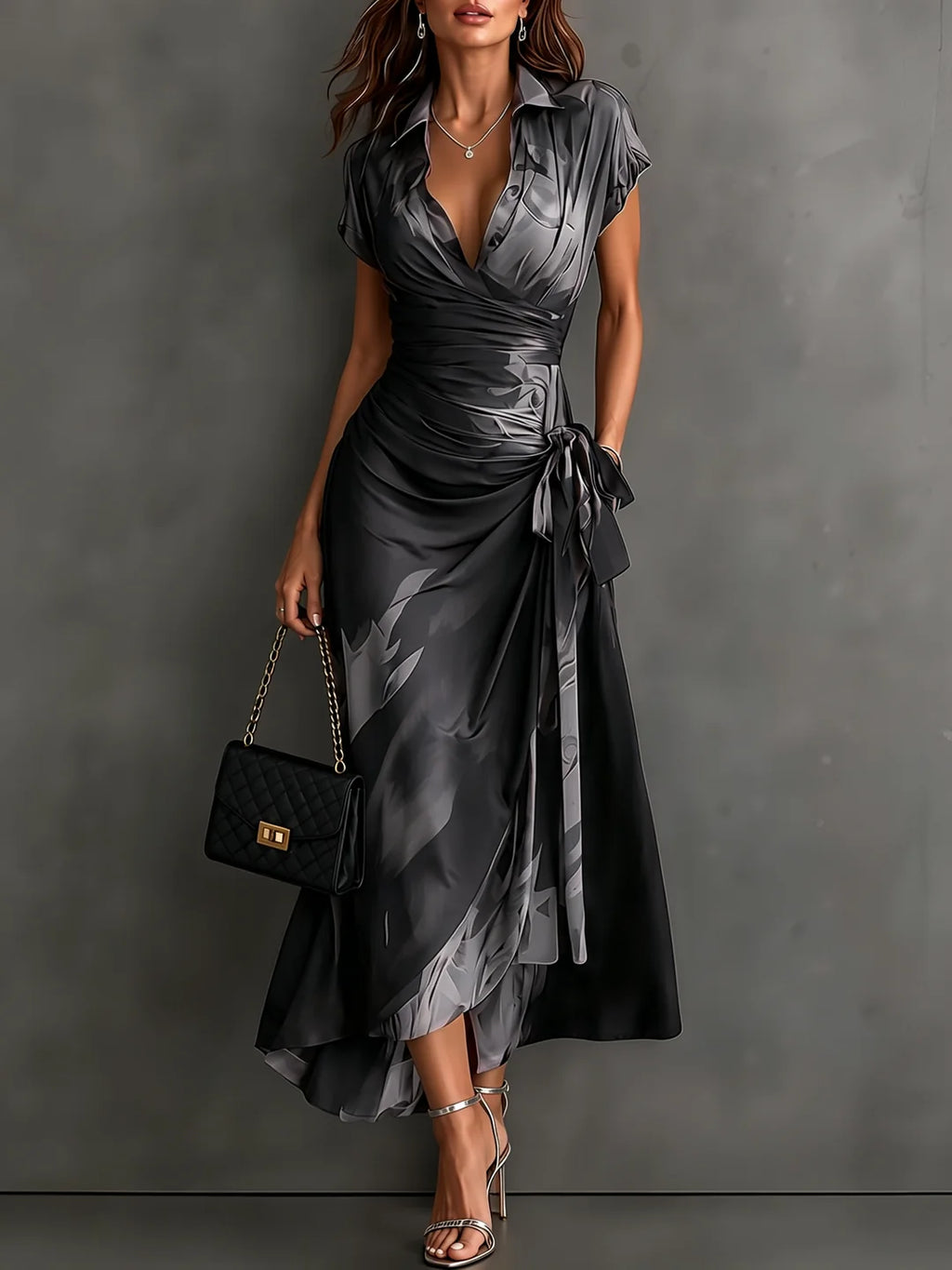 Abstract Print Wrap Midi Dress with Shirt Collar