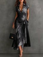 Abstract Print Wrap Midi Dress with Shirt Collar