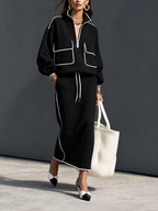 Casual Grey Scuba-Knit Long-Sleeve Top And Skirt Two-Piece Set