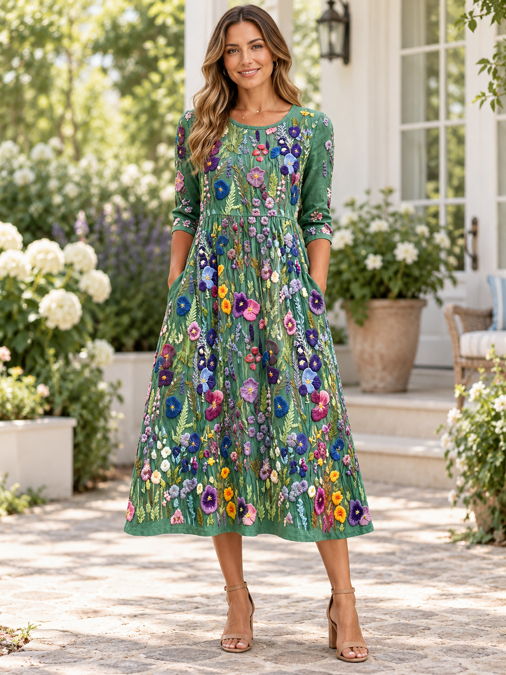 Vestido midi verde con estampado floral multicolor, cuello redondo y manga 3/4