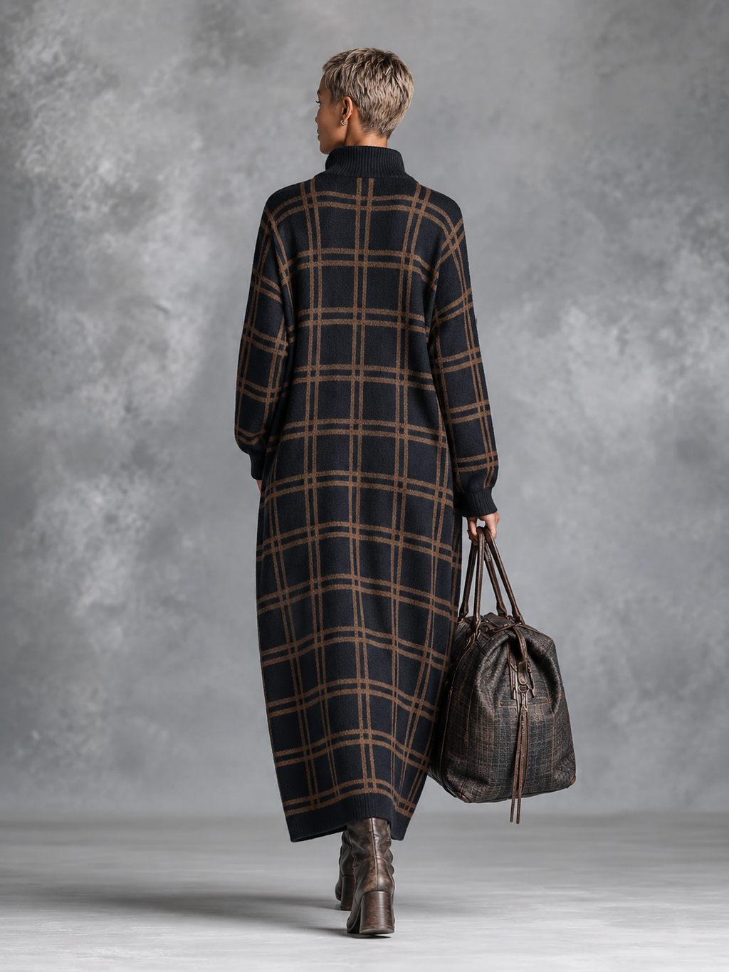 Loose Plaid Zipper Neck Knitted Maxi Dress
