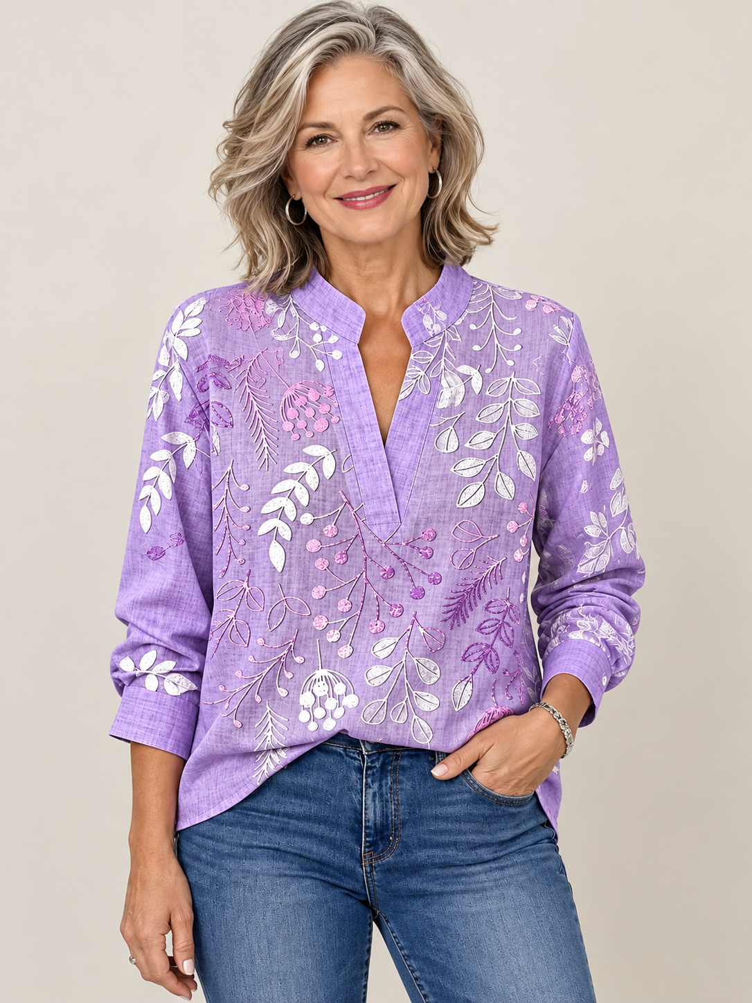 Vintage Botanical Print V-Neck Long Sleeve Blouse