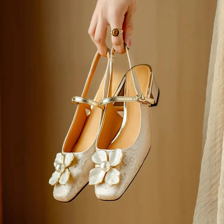 Floral Appliqué Jacquard Slingback Heels