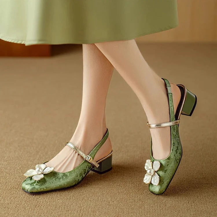 Floral Appliqué Jacquard Slingback Heels