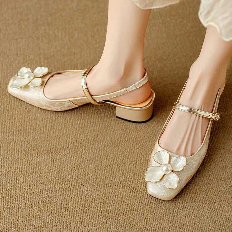 Floral Appliqué Jacquard Slingback Heels