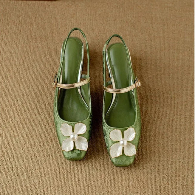 Floral Appliqué Jacquard Slingback Heels
