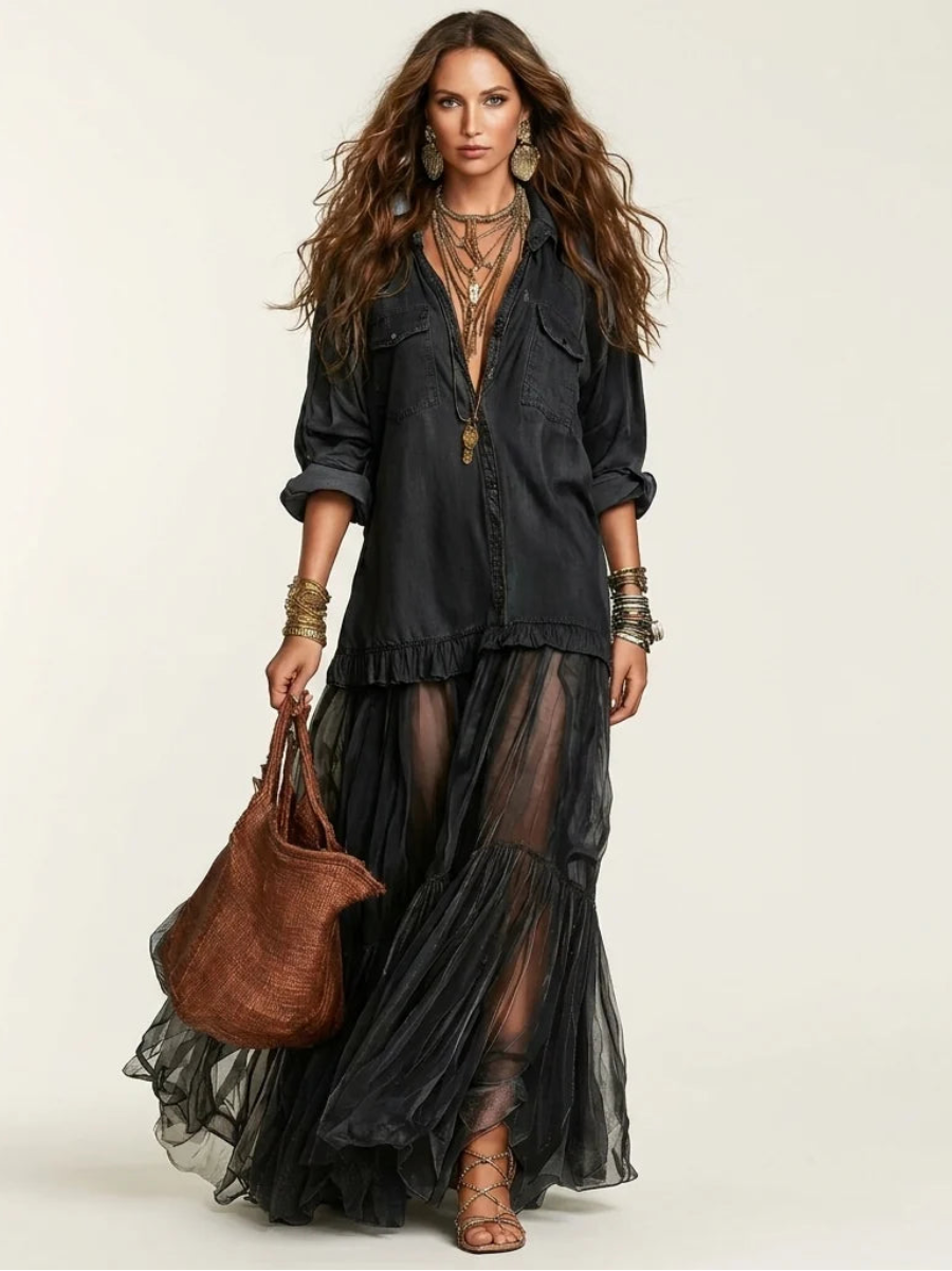 Denim & Organza Patchwork Maxi Dress
