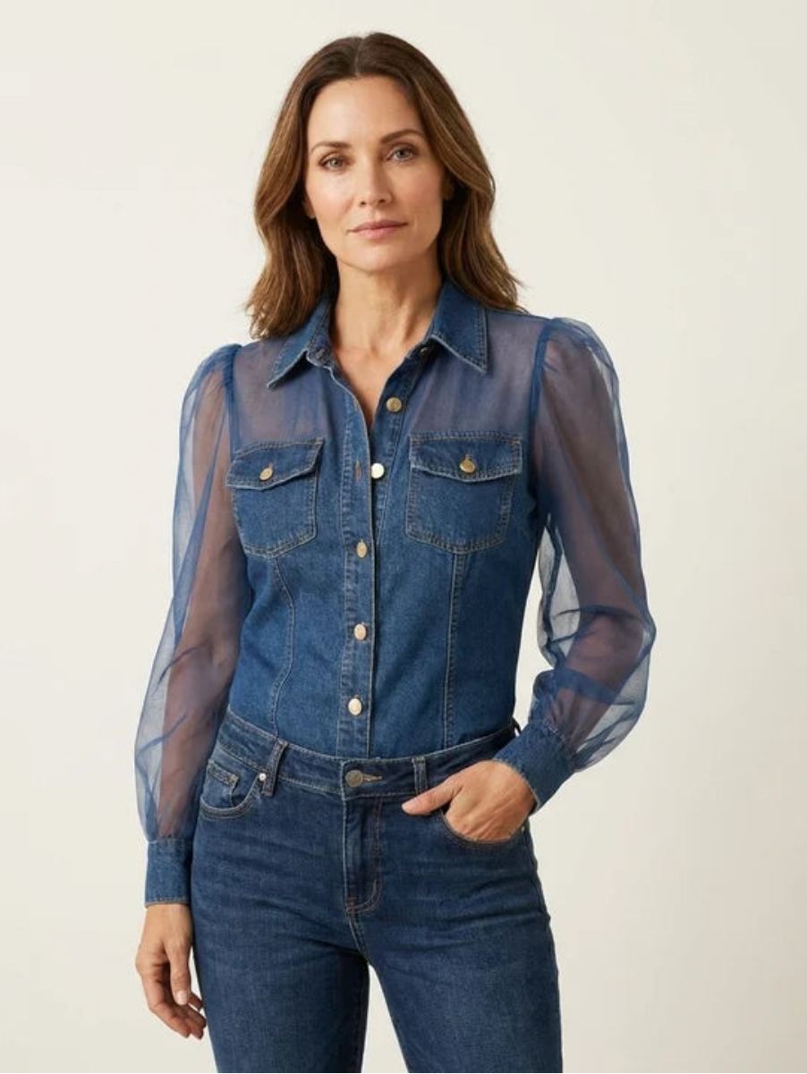 Sheer Sleeve Denim Shirt