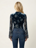 Lace-Trim Floral Velvet Blouse