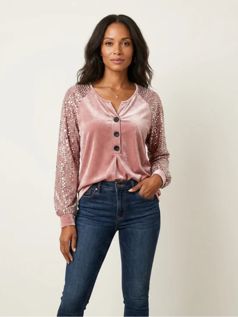 Blusa de botones con mangas de lentejuelas de terciopelo