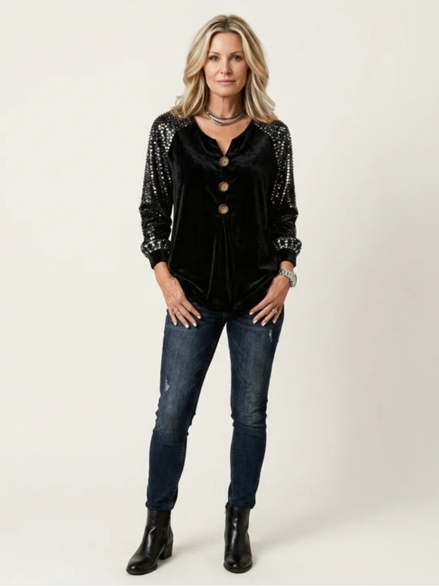 Velvet Sequin-Sleeve Button Blouse