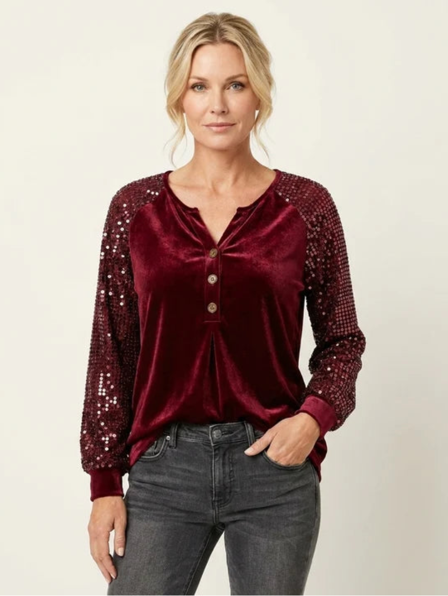 Blusa de botones con mangas de lentejuelas de terciopelo