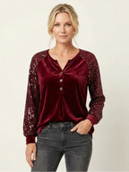 Blusa de botones con mangas de lentejuelas de terciopelo