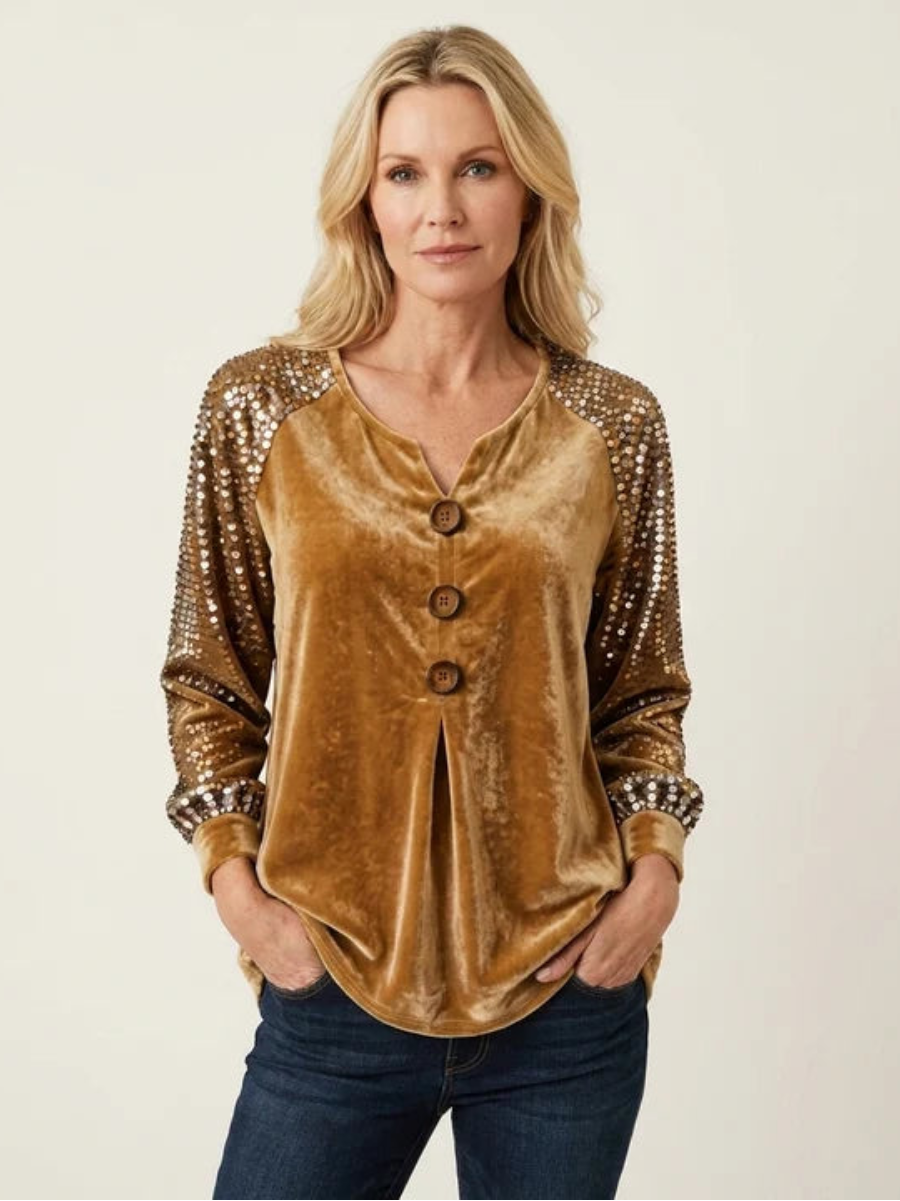Blusa de botones con mangas de lentejuelas de terciopelo