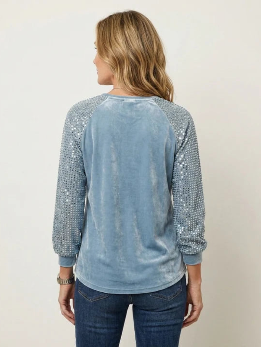 Blusa de botones con mangas de lentejuelas de terciopelo