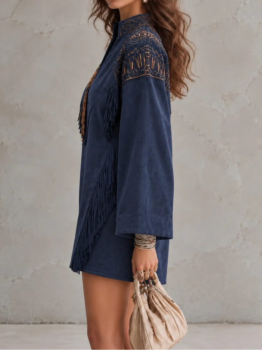 Embroidered Fringe Mini Dress