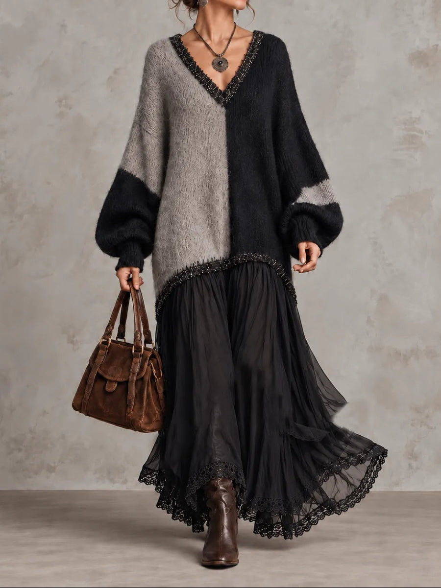 Elegant V-neck Knit And Lace Color-block Panel Maxi Dress