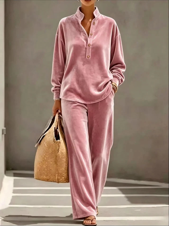 Elegant Velvet Henley Two-Piece Set