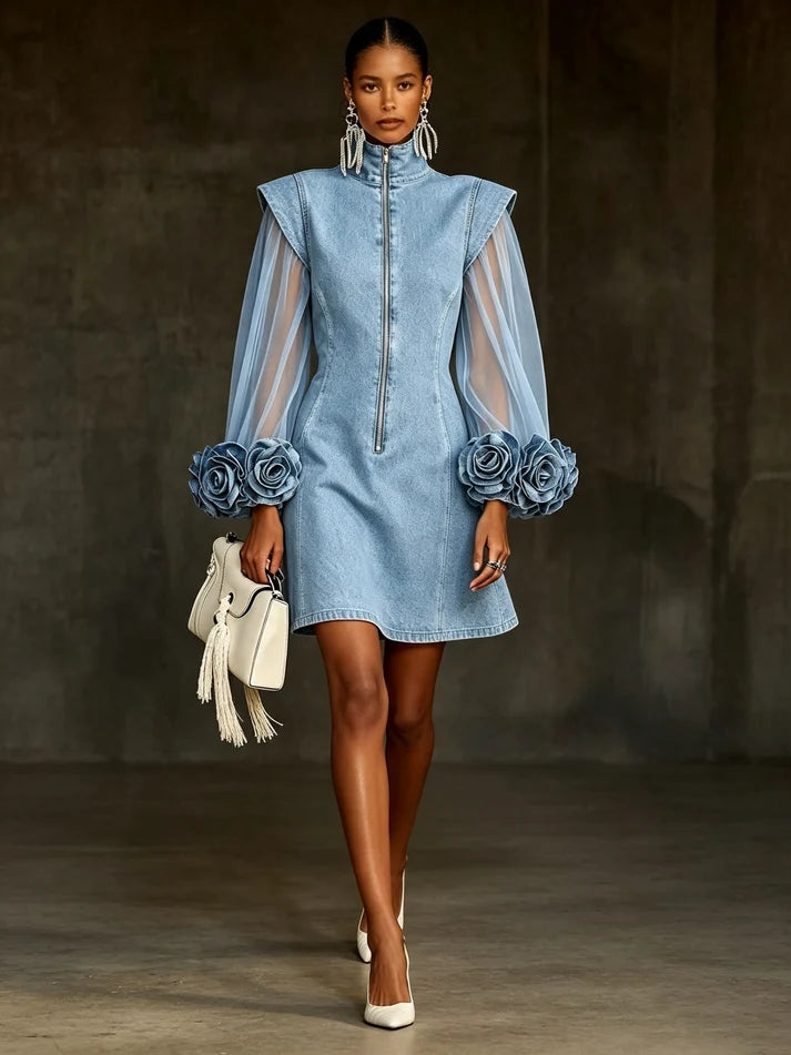 Romantic 3d Floral Denim Mesh Sleeve Zip-up Dress