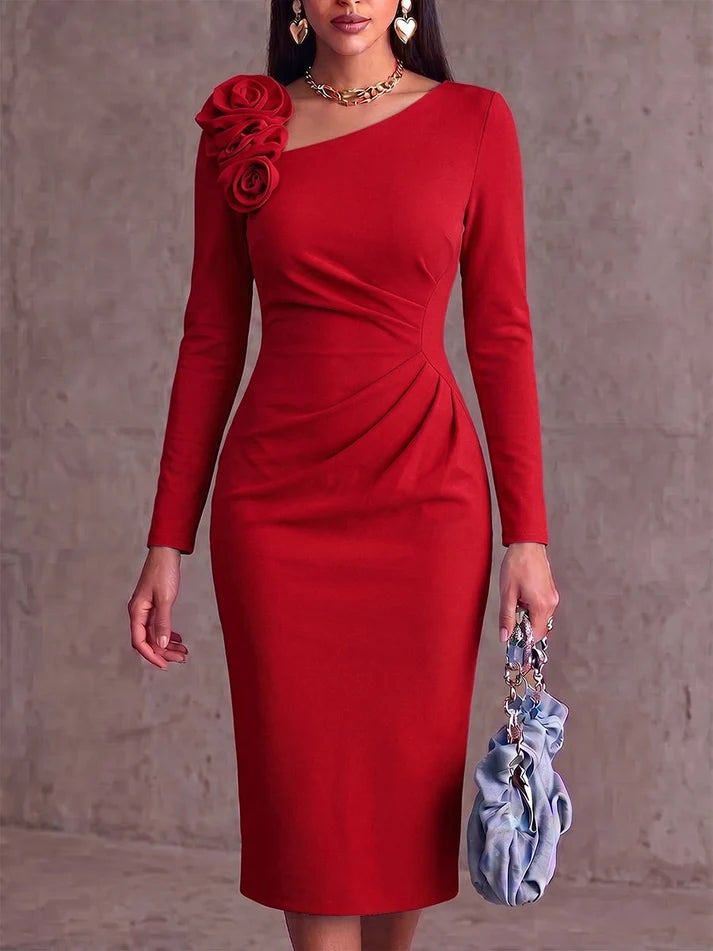 Solid Color Asymmetrical Neckline 3d Rose Long Sleeve Casual Loose Dress